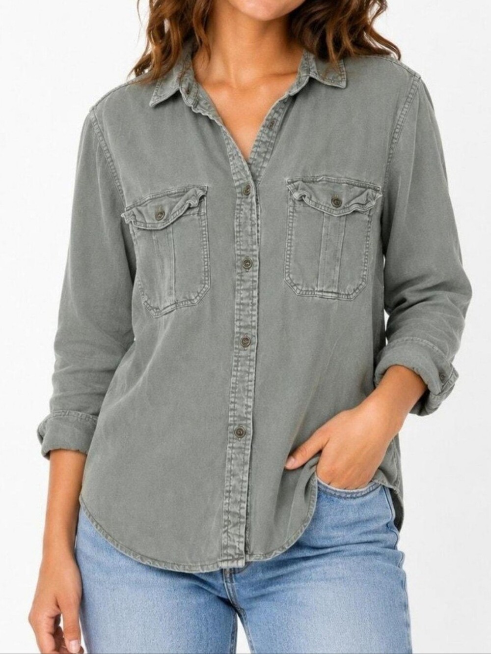 American Eagle Womens Boyfriend Fit Sage Button Front Shirt - Size Medium
